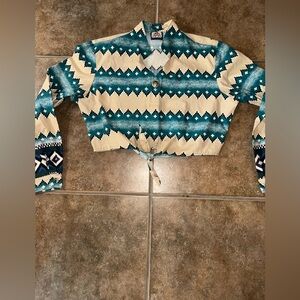 Women's Vintage RoughRider Teal and Cream Patterned Western Top